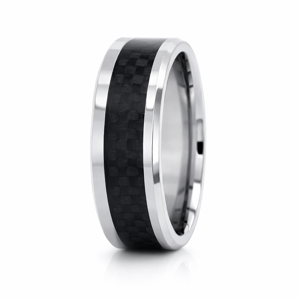 8mm Bevelled Edge Carbon Fibre Tungsten Ring