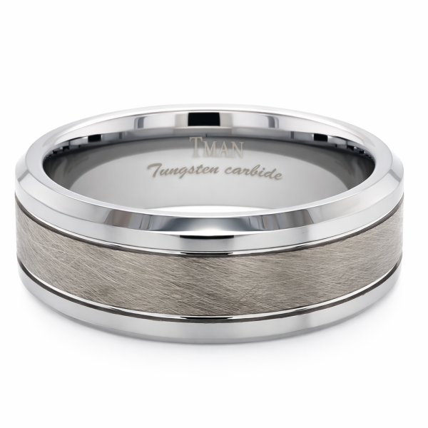 8mm Tungsten Silver Brushed Flat Bevel Groove Band