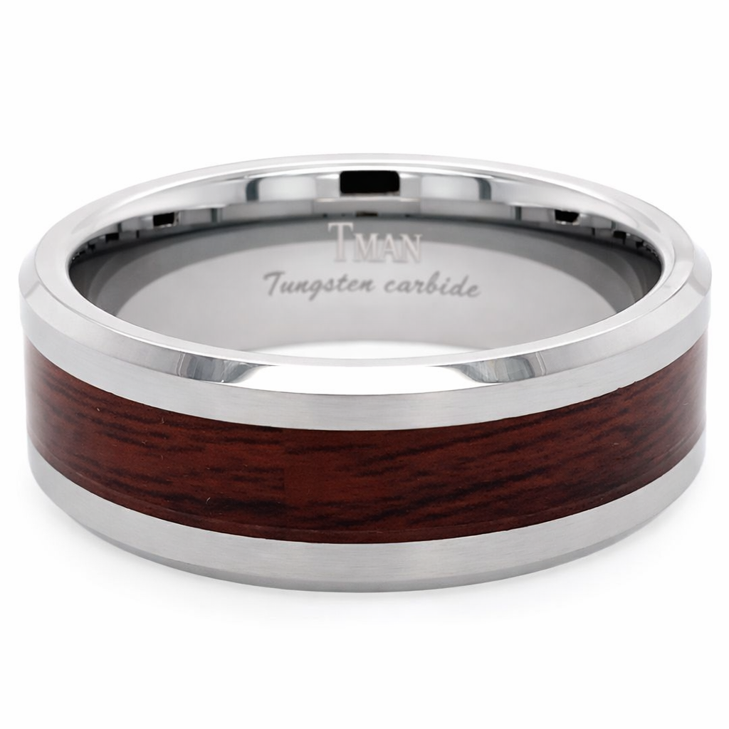 8mm Tungsten Wood Flat Polished Bevel Ring