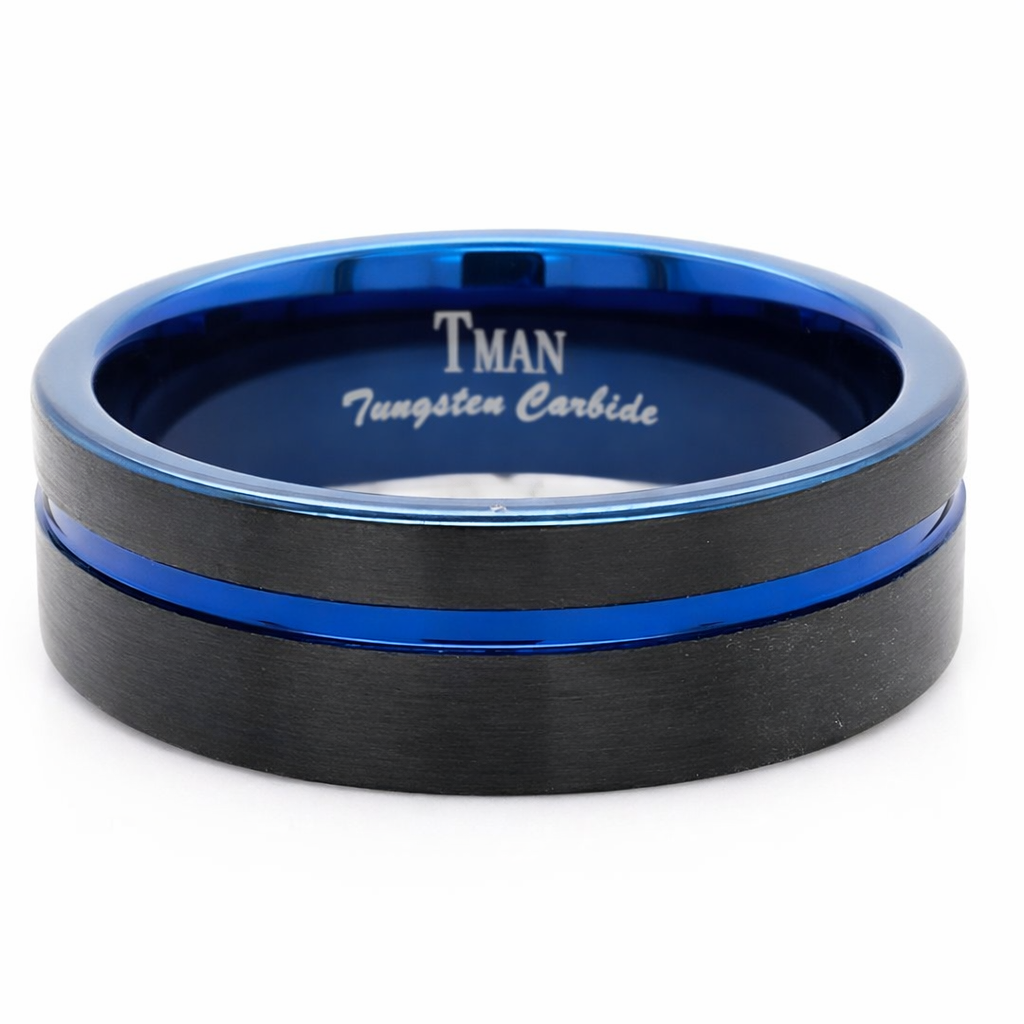 8mm Tungsten Black & Blue Flat Brushed Ring