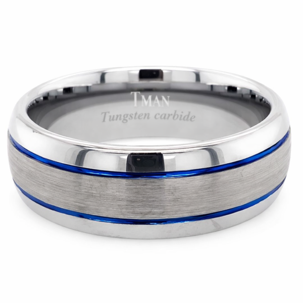 8mm Tungsten Blue Dome Brushed Groove Band – 8mm
