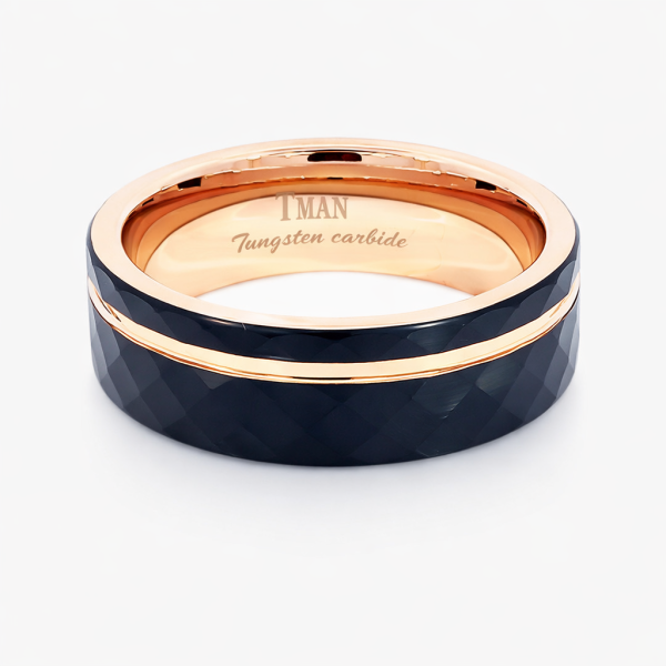 8mm Tungsten Black & Rose Gold Faceted Flat Groove Ring