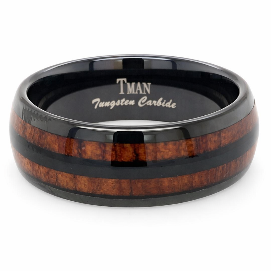 8mm Tungsten Black & Koa Wood Dome Polished Ring – 8mm