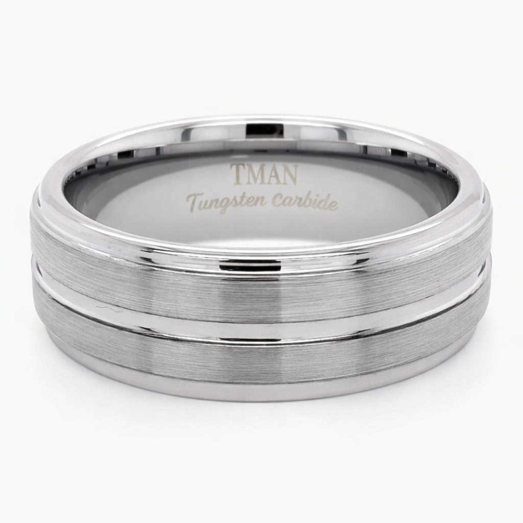8mm Tungsten Silver Brushed Flat Step Groove Band