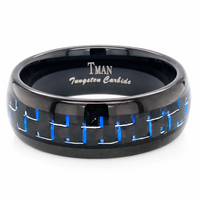 8mm Tungsten Black & Blue Carbon Fibre Polished Dome Ring