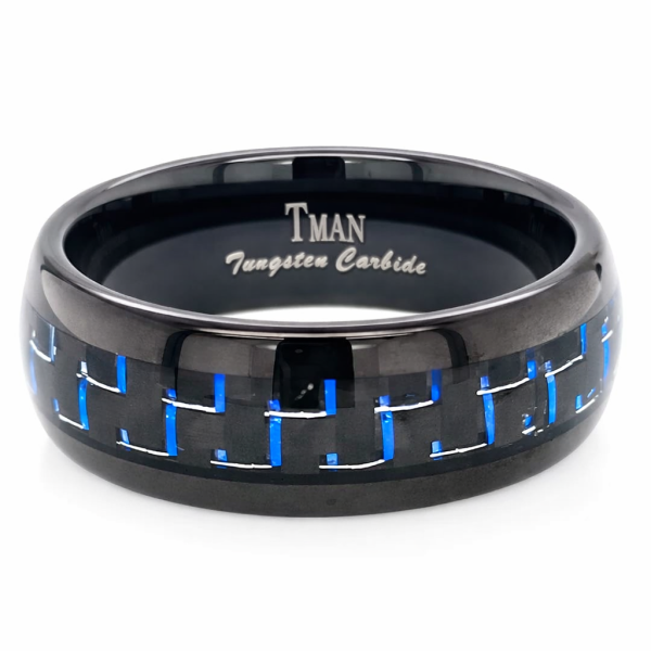 8mm Tungsten Black & Blue Carbon Fibre Polished Dome Ring