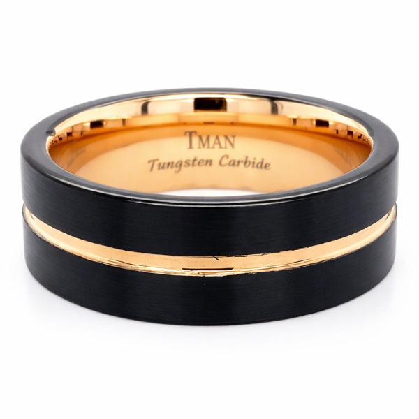 8mm Tungsten Black & Rose Gold Flat Brushed Band