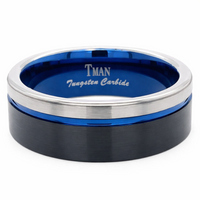 8mm Tungsten Black, Blue & Grey Flat Brushed Groove Band