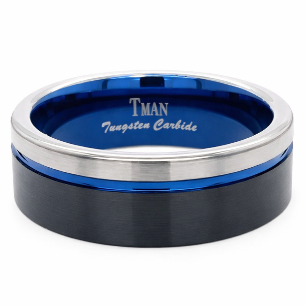 8mm Tungsten Black, Blue & Grey Flat Brushed Groove Band