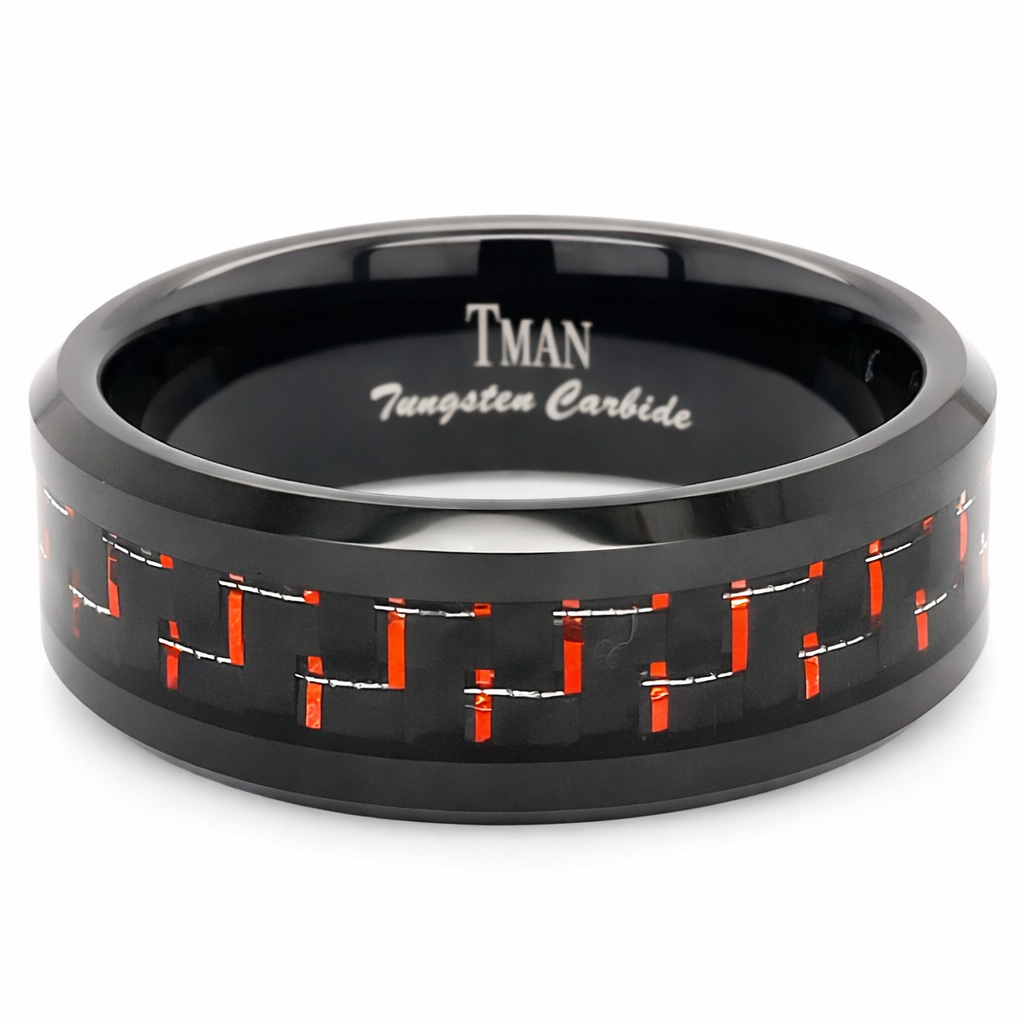 8mm Tungsten Black & Red Carbon Fibre Inlay Ring