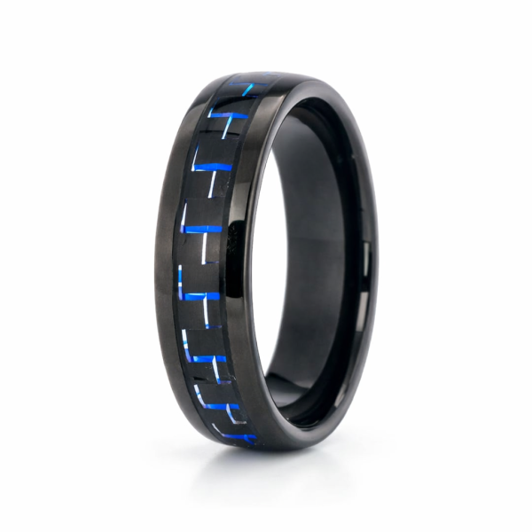 8mm Tungsten Black & Blue Carbon Fibre Polished Dome Ring