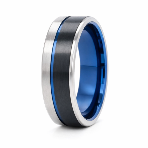 8mm Tungsten Black, Blue & Grey Flat Brushed Groove Band