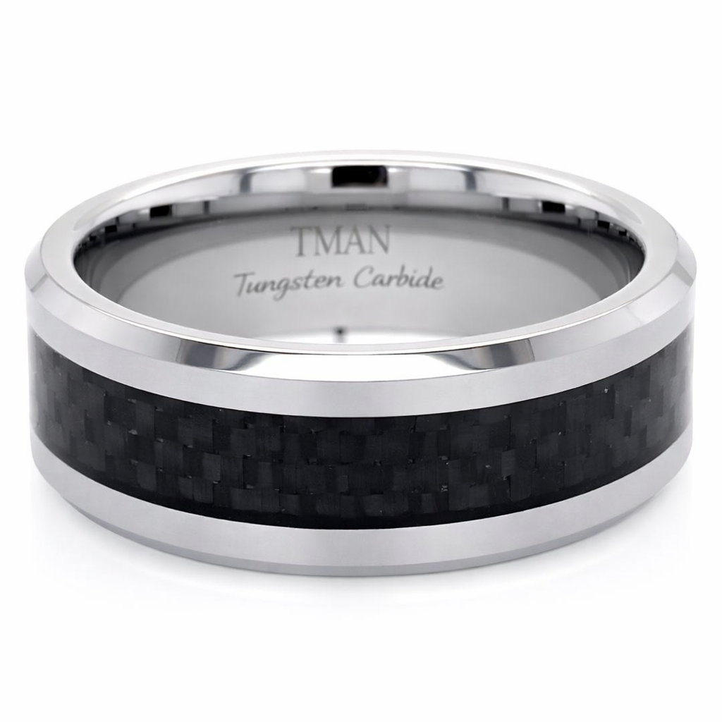 8mm Bevelled Edge Carbon Fibre Tungsten Ring