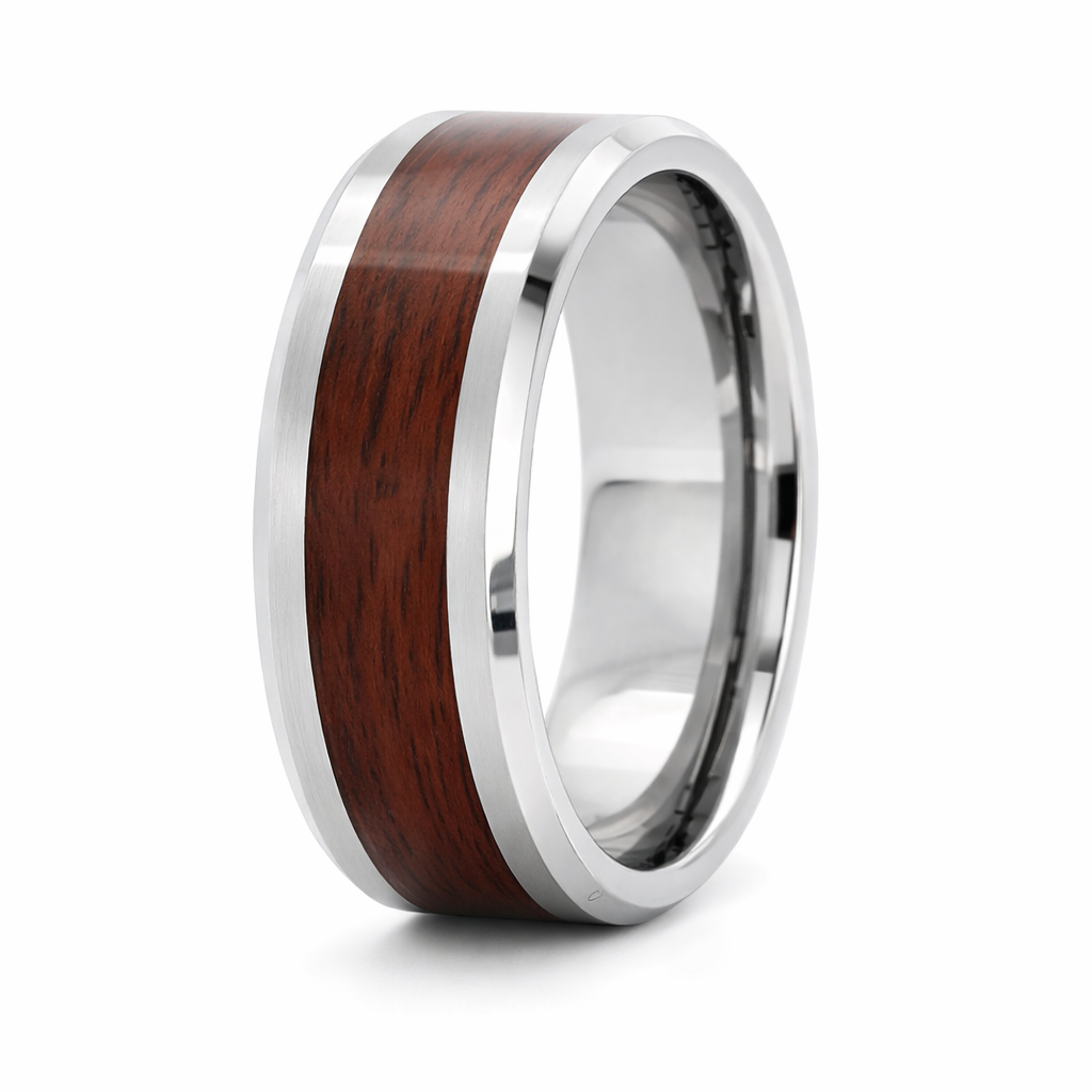 8mm Tungsten Wood Flat Polished Bevel Ring