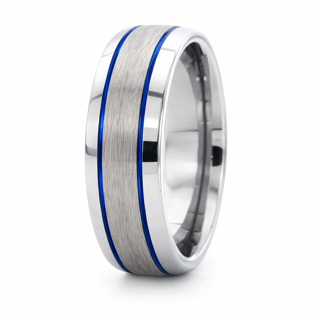 8mm Tungsten Blue Dome Brushed Groove Band – 8mm