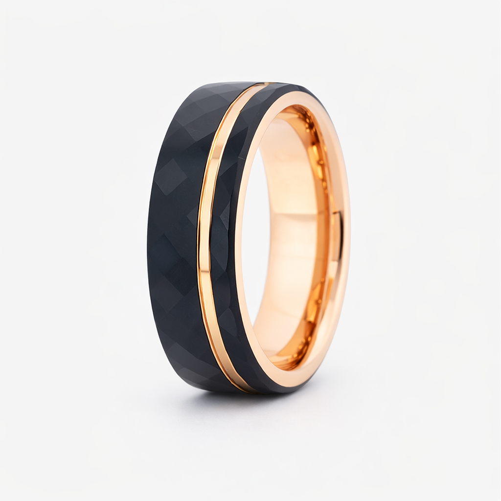 8mm Tungsten Black & Rose Gold Faceted Flat Groove Ring