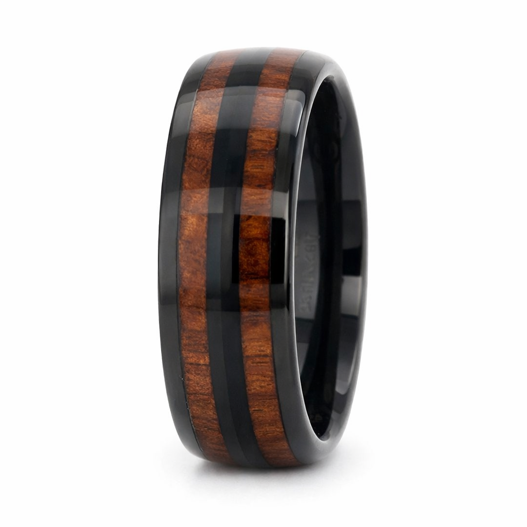 8mm Tungsten Black & Koa Wood Dome Polished Ring – 8mm