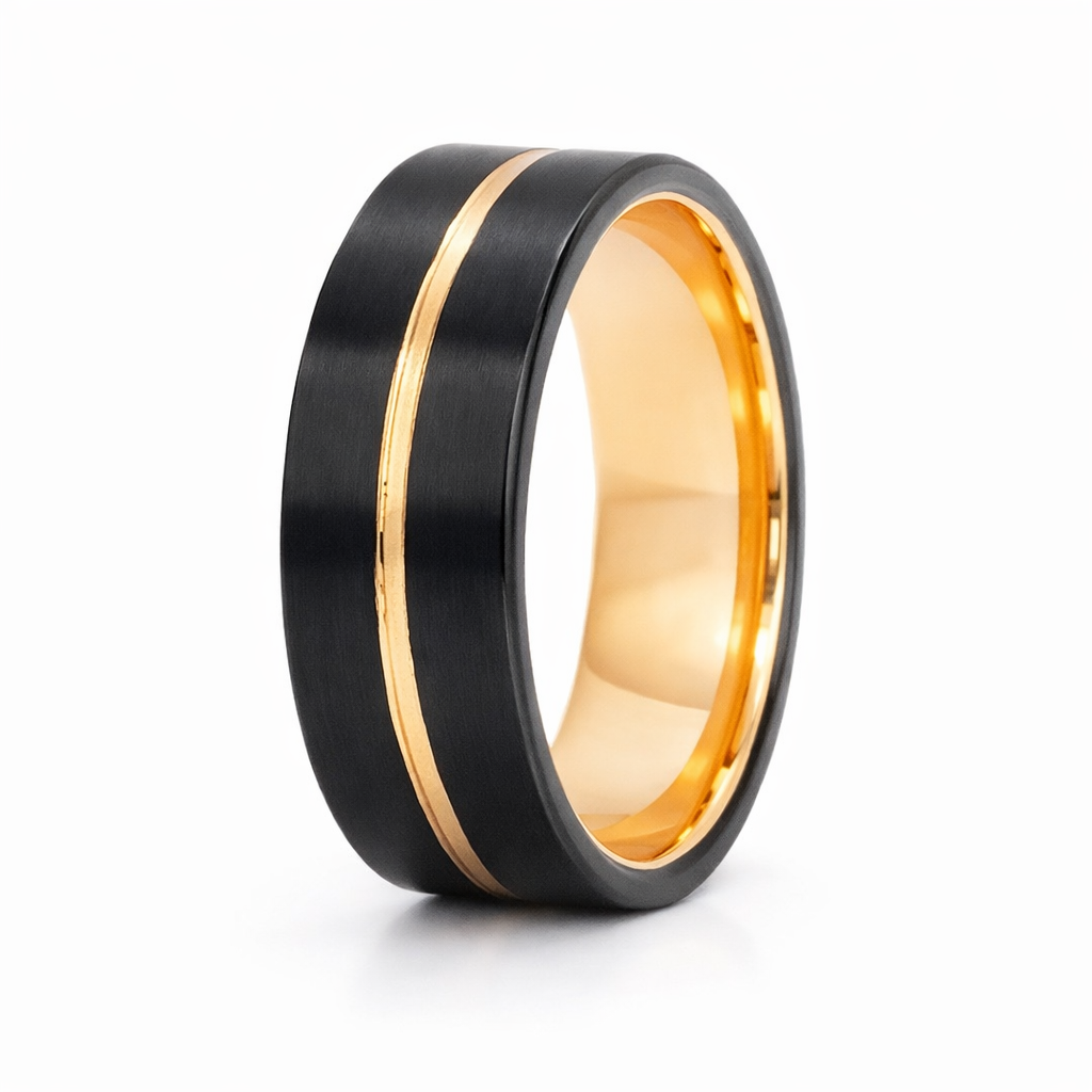 8mm Tungsten Black & Rose Gold Flat Brushed Band