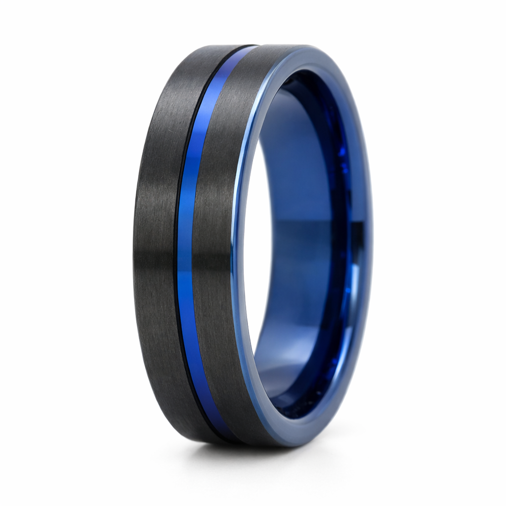 8mm Tungsten Black & Blue Flat Brushed Ring